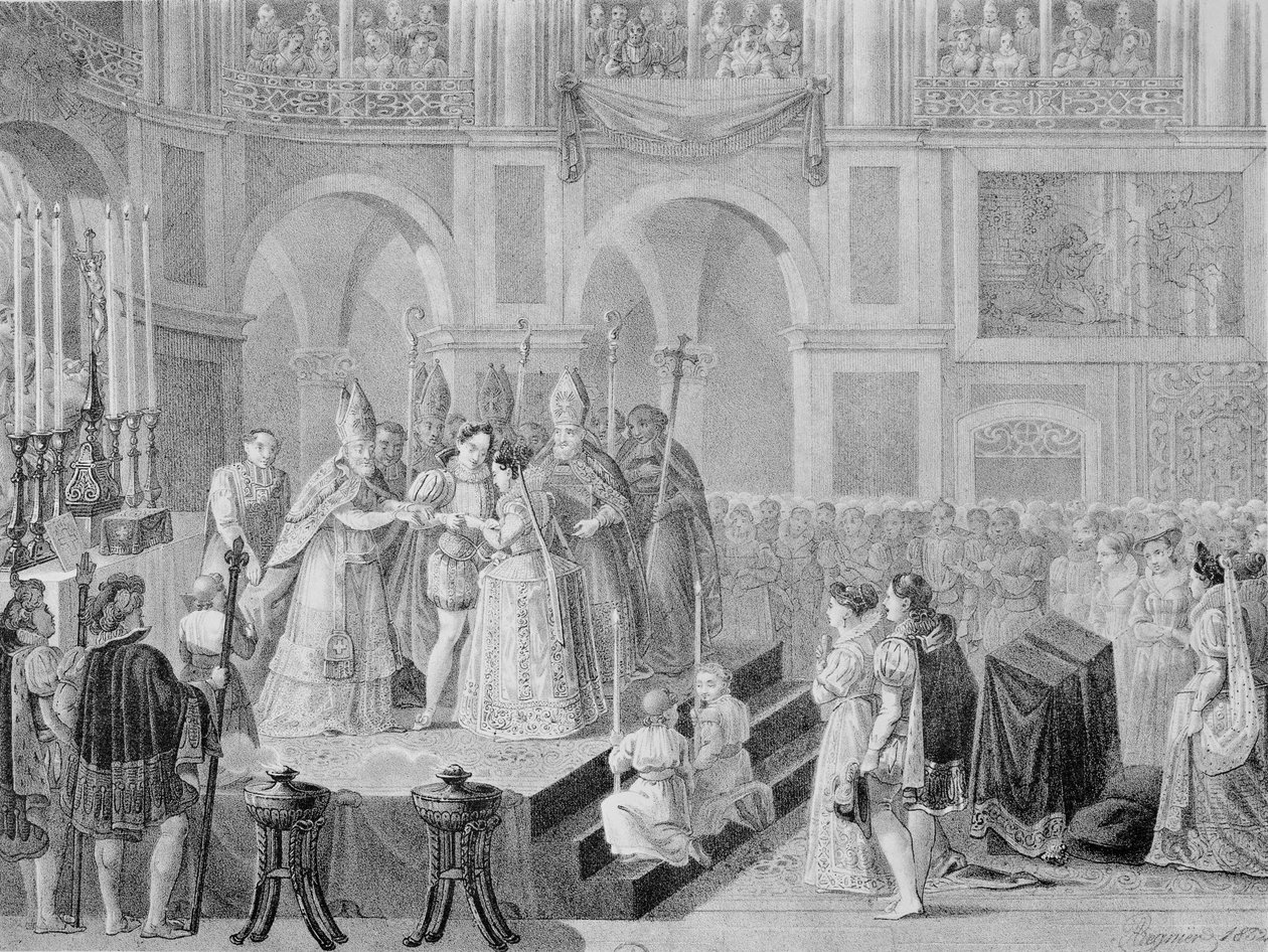 Ekteskapet til Henri III (1553-1610) og Marguerite av Frankrike (1553-1615) i 1572, 1832 av A. Regnier