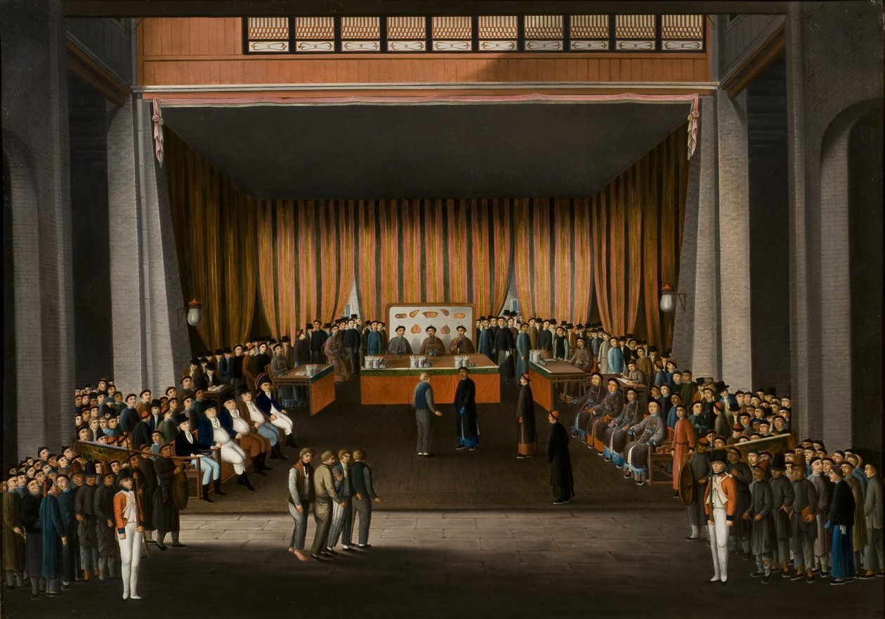 Kinesisk domstol i hallen til den britiske fabrikken i Canton, 9. april 1807, ca. 1810 (olje på papir) av A. Roland Knight
