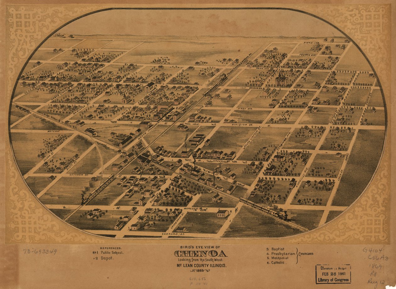 Fugleperspektiv av Chenoa, McLean County, Illinois 1869. LOC 73693349 av A. Ruger