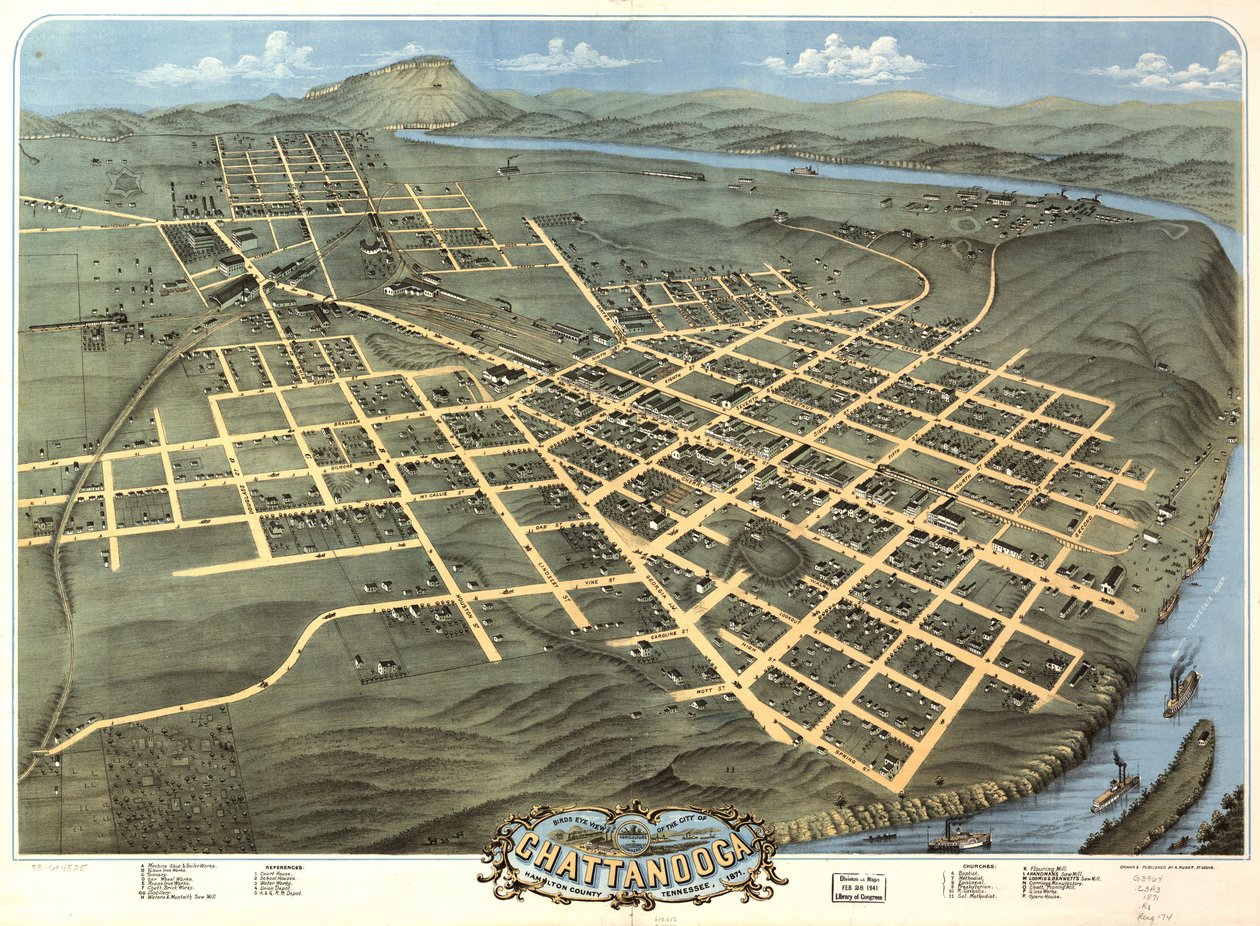 Fugleperspektiv av byen Chattanooga, Hamilton County, Tennessee 1871. av A. Ruger