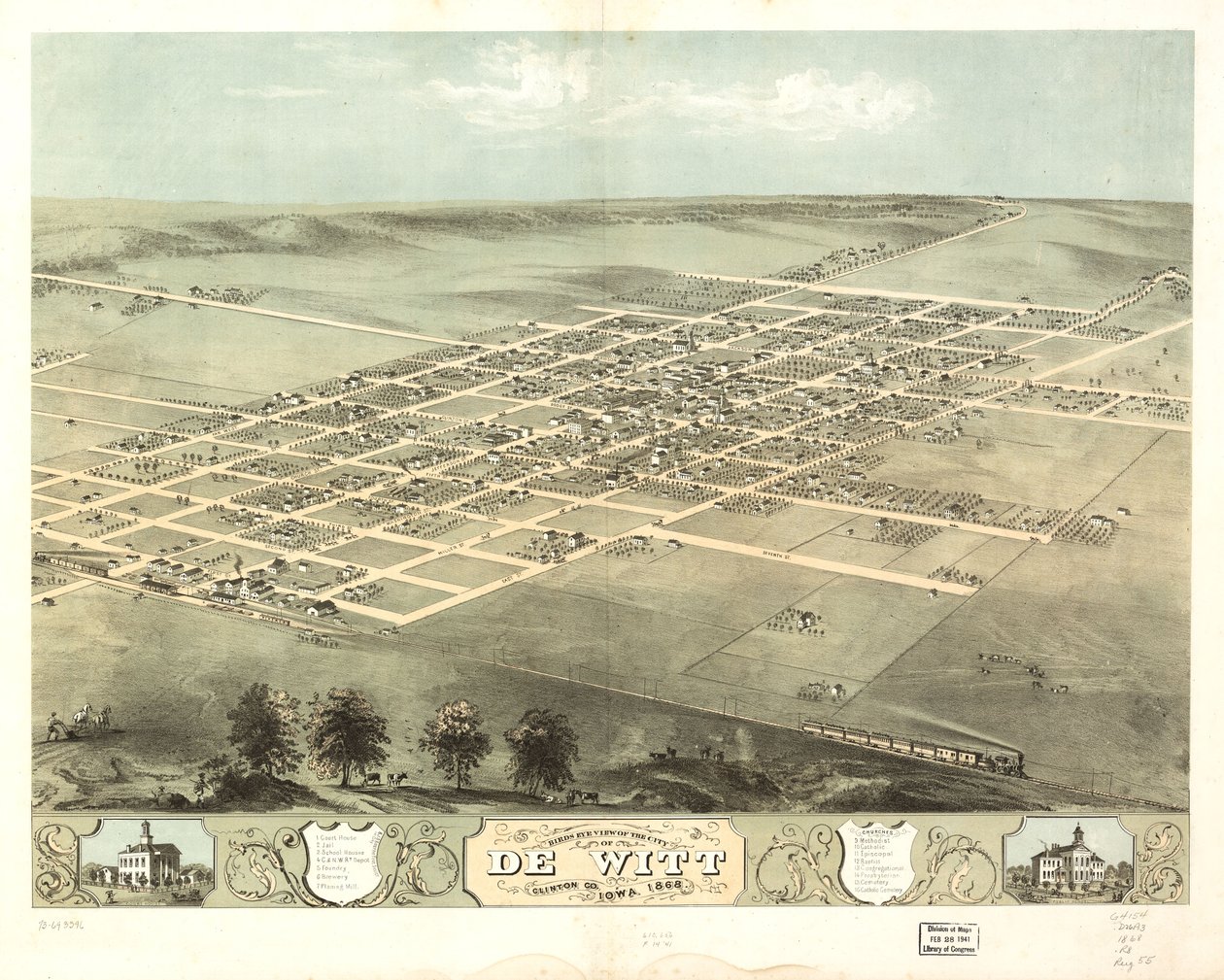 Fugleperspektiv av byen De Witt, Clinton Co., Iowa 1868. LOK 73693396 av A. Ruger