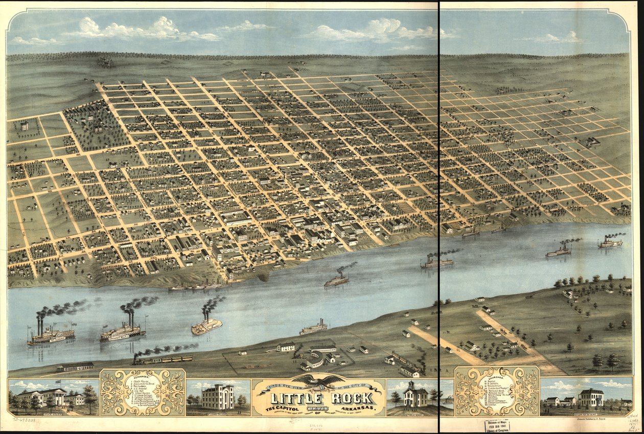 Fugleperspektiv av byen Little Rock, hovedstaden i Arkansas 1871. av A. Ruger