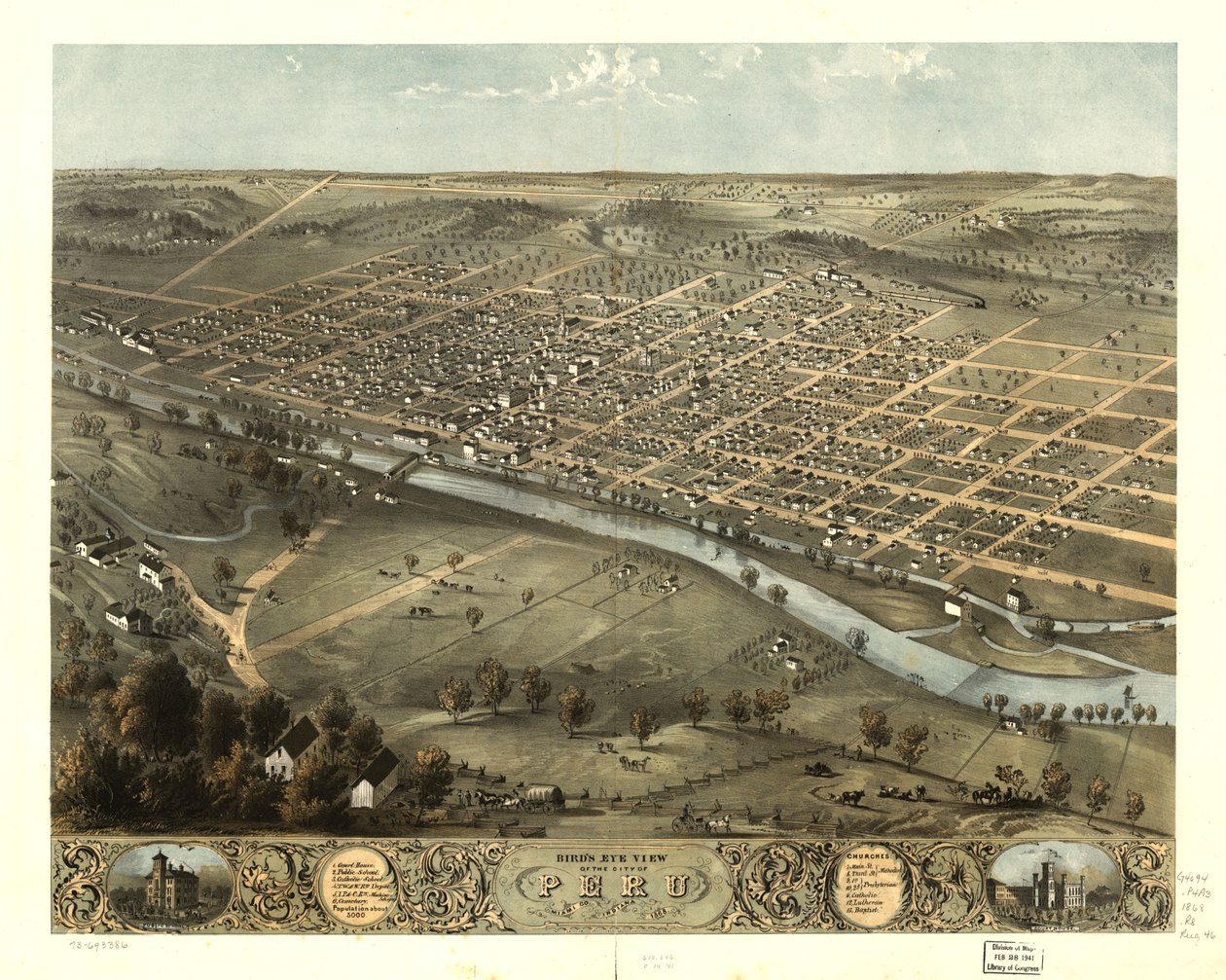 Fugleperspektiv av byen Peru, Miami Co., Indiana 1868. LOC 73693386 av A. Ruger