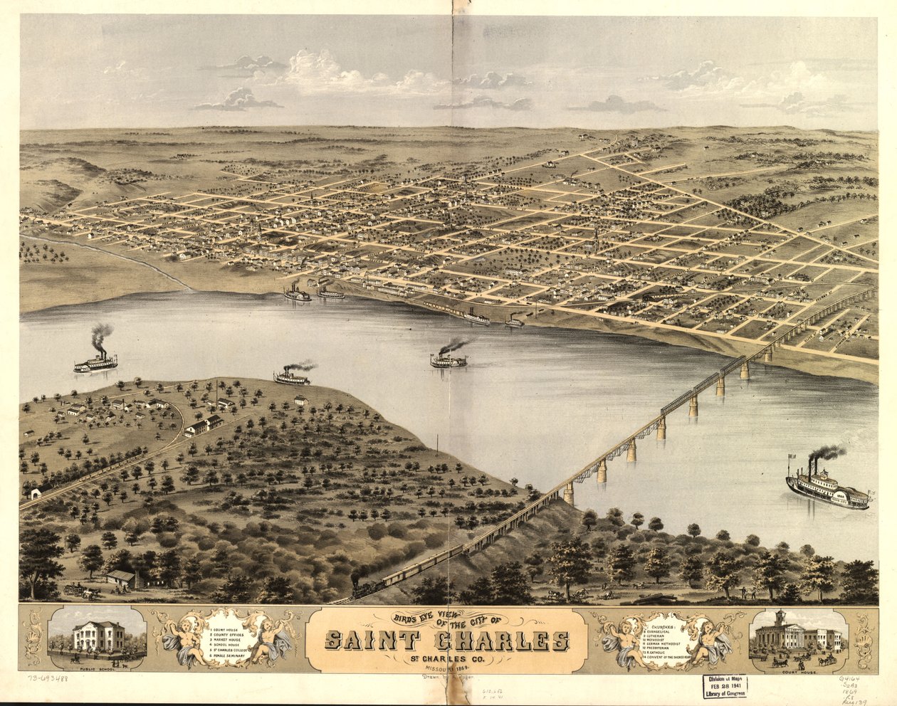 Fugleperspektiv over byen Saint Charles, St. Charles Co., Missouri 1869. LOC 73693488 av A. Ruger