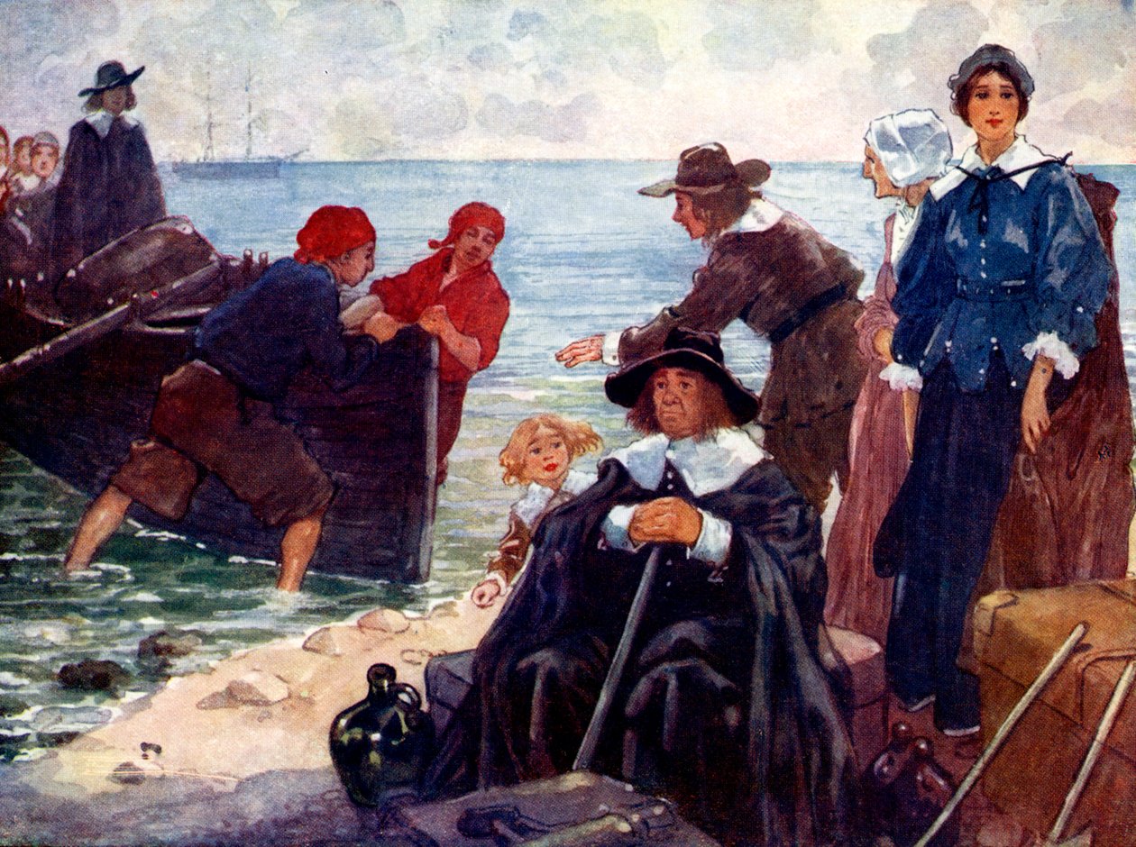 Et band med eksil forstøter barken sin på den ville New England-kysten, 1620, 1905. av A. S. Forrest