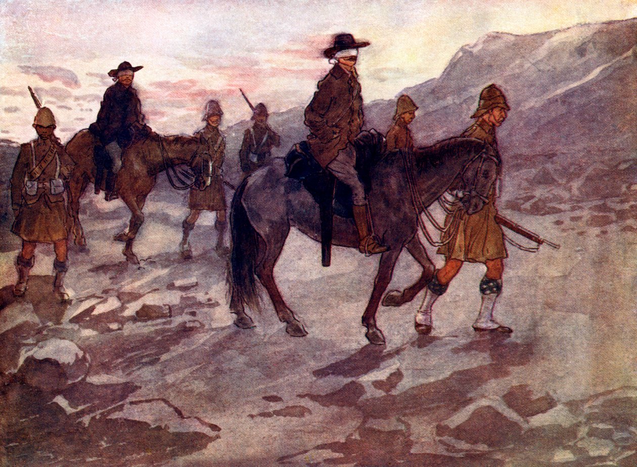 Boer-lederne fikk bind for øynene og bevoktet av soldater fra Black Watch, 1902, 1905. av A. S. Forrest