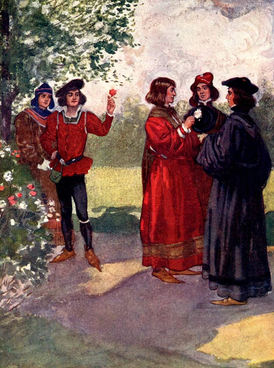 ...Adelsmennene plukket røde eller hvite roser og satte dem i hatten, 1400-tallet, 1905. av A. S. Forrest