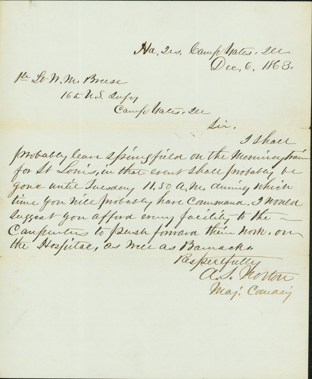 Brev signert A.S. Norton, kommandørmajor, hovedkvarter, Camp Yates, Ill., Til 1. løytnant W.M. Breese, 16. amerikanske infanteri, Camp Gates, Ill., 6. desember 1863 av A. S. Norton