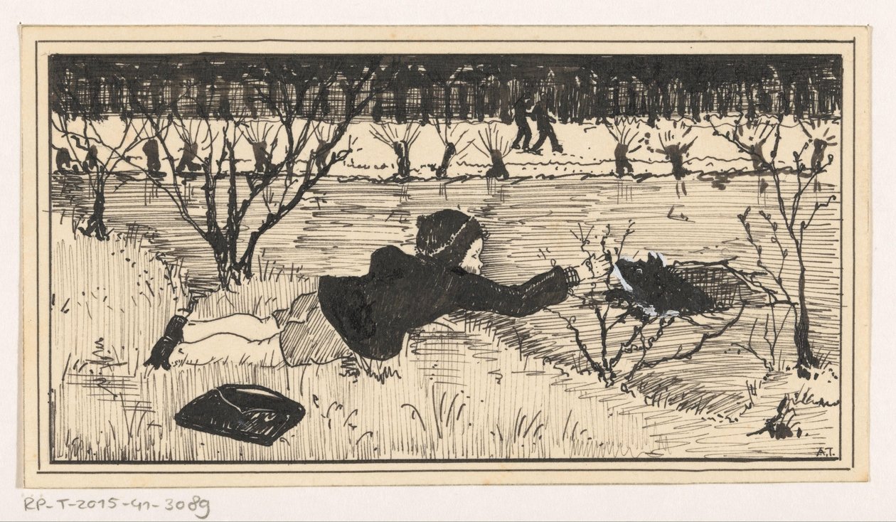 Jenta prøver å redde hunden fra kjølvannet av A. Tinbergen (signed by artist)