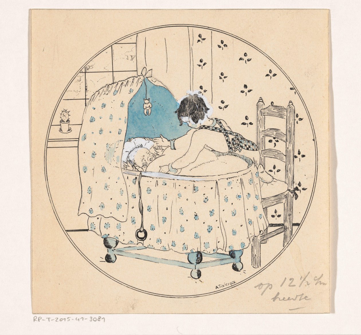 Jenta vil løfte babyen ut av sengen av A. Tinbergen (signed by artist)