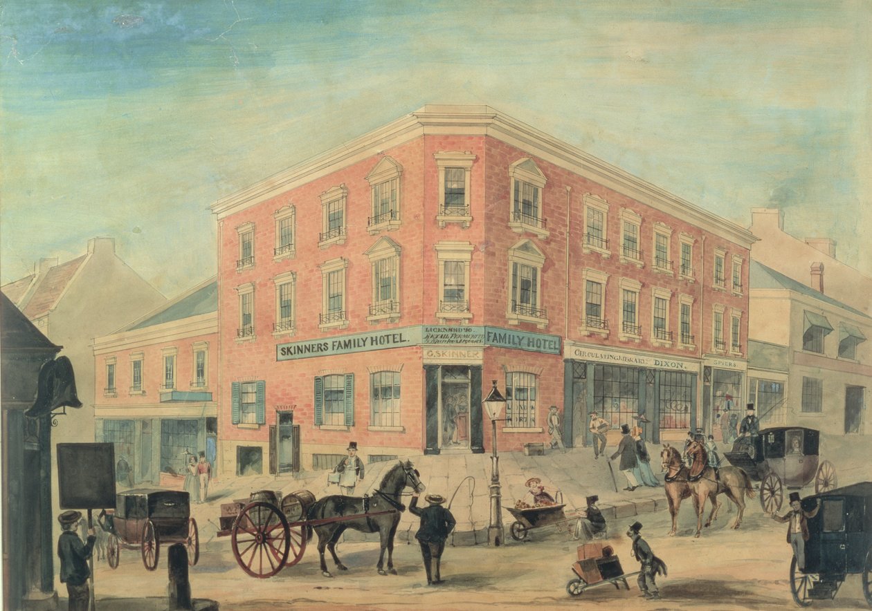 Corner of George and Hunter Streets, Sydney, 1849 (wc) av A. Torning