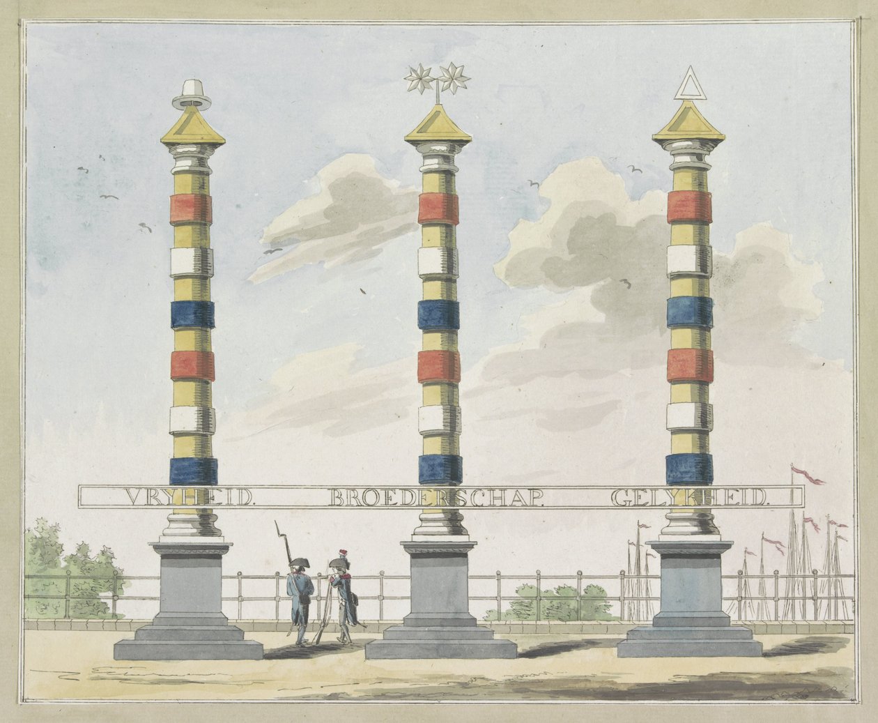 Frihet, brorskap og likhet, dekorasjon på Hogesluis, 1795 Ti plater med dekorasjonene på Alliantiefeest i Amsterdam i 1795 av A. Verkerk