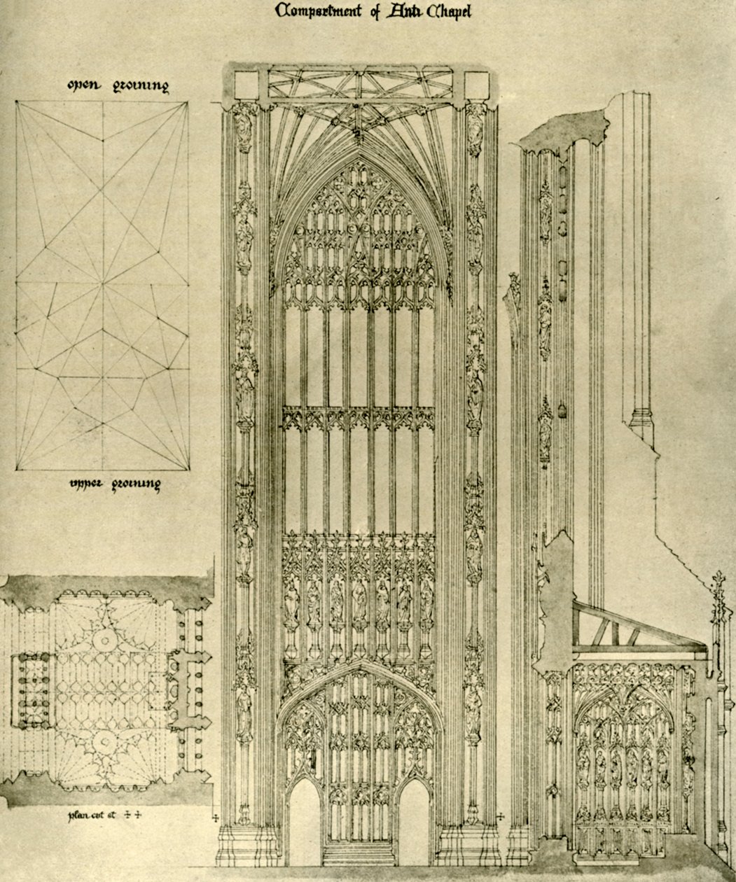 Arkitektonisk tegning: avdeling av Anti Chapel, 1833-1834, 1906. av A. W. N. Pugin