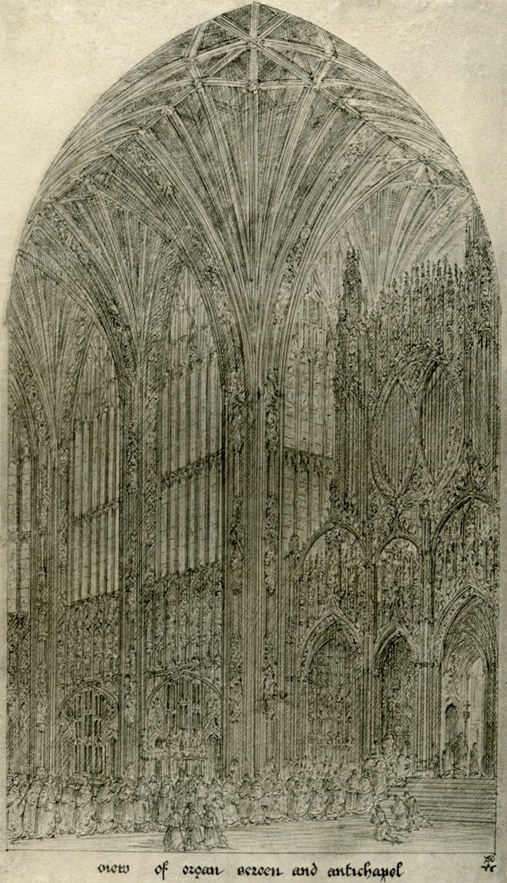 Arkitektonisk tegning: utsikt over orgelskjerm og antikapell, 1833-1834, 1906. av A. W. N. Pugin