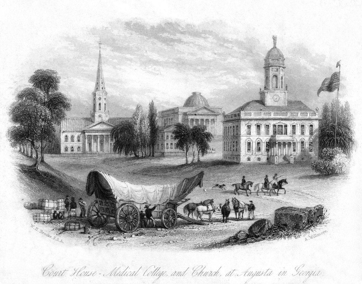 The Court House, Medical College and Church, Augusta, Georgia, USA, 1800-tallet. av A. Willmore