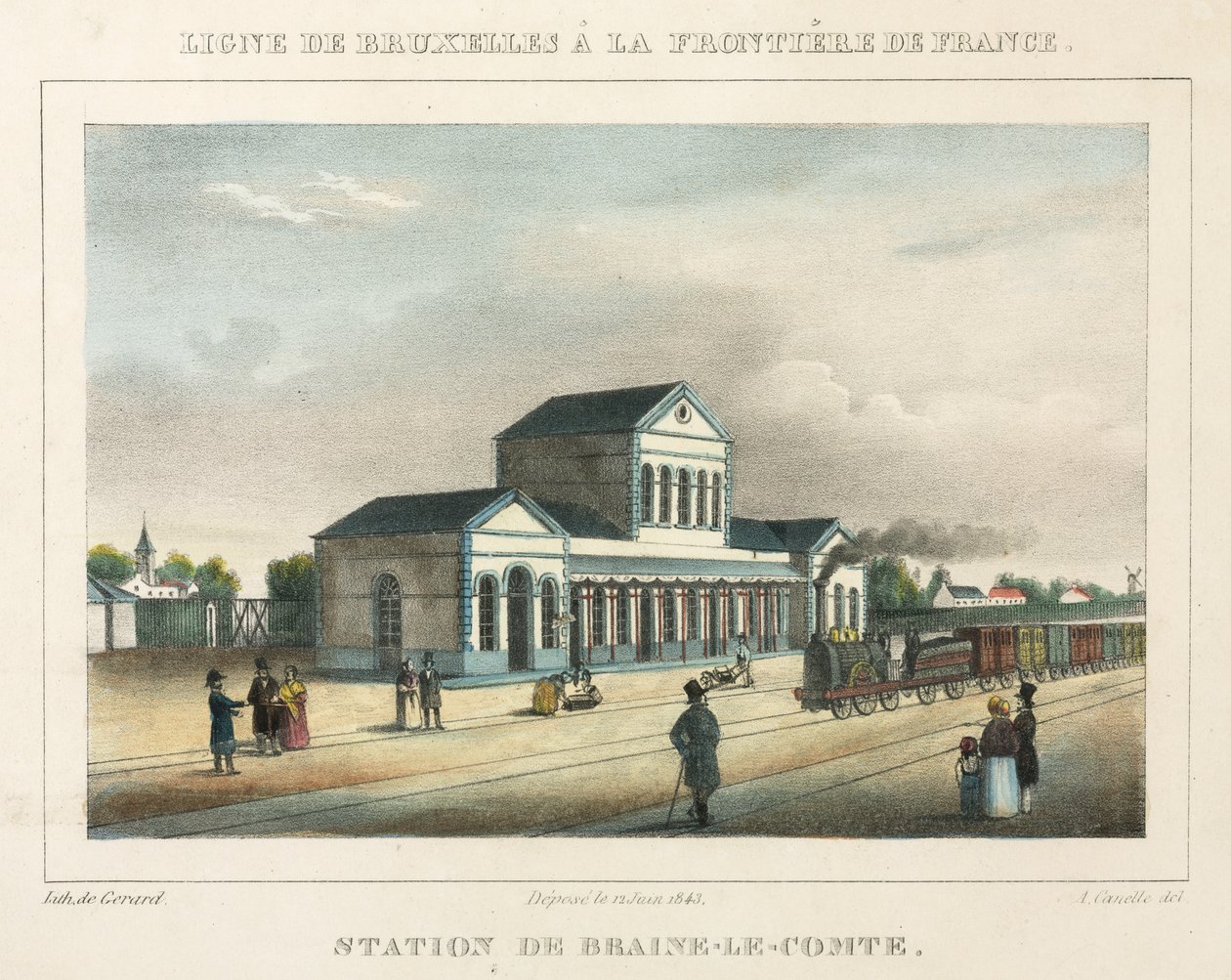 Braine-le-Comte Station, Belgia, gravert av Gerard, 1843 av A. after Canelle