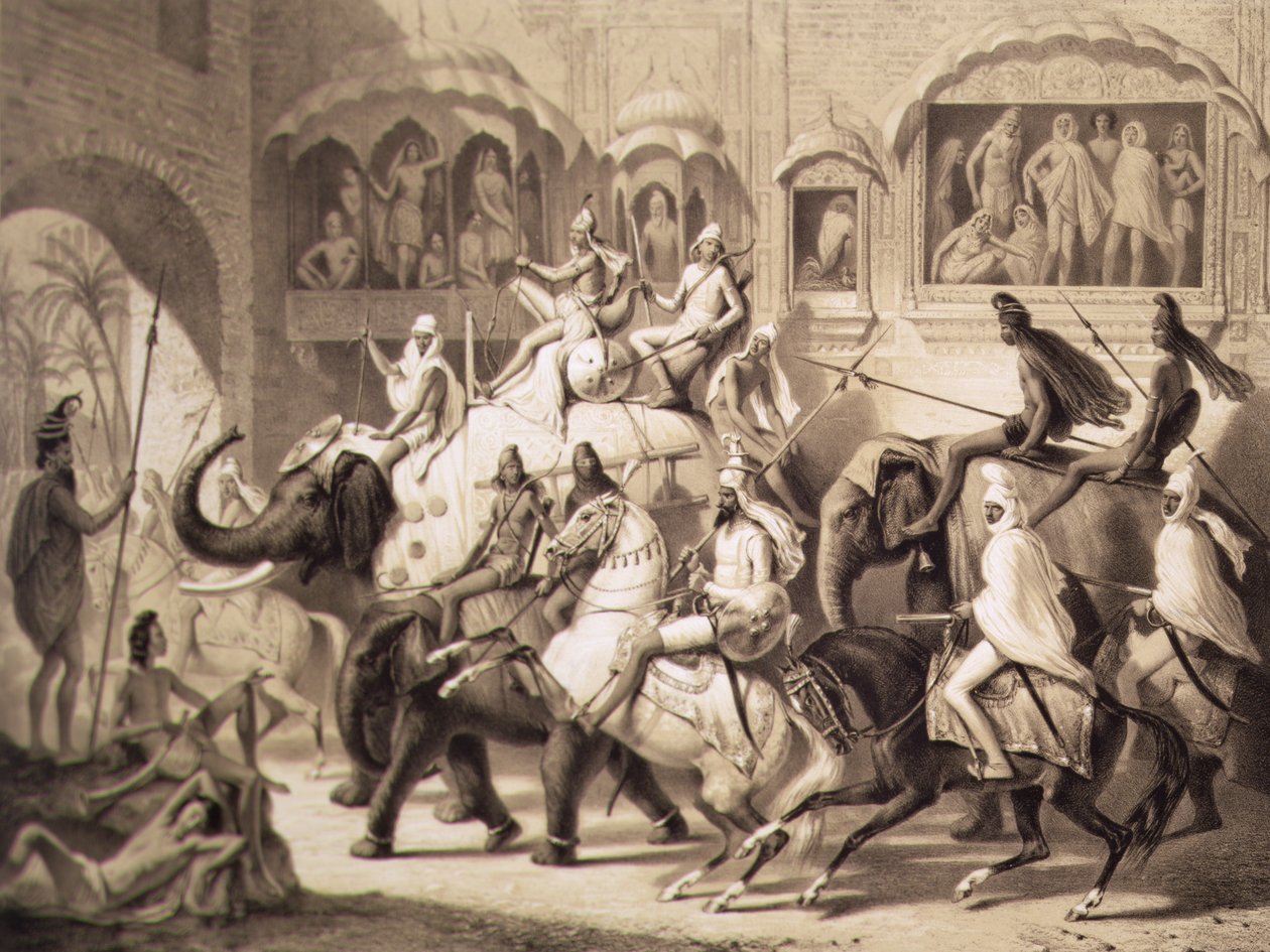 En gate i Lahore, fra Voyage i India, gravert av Louis Henri de Rudder (1807-81) 1842 (tonet litho) av A. after Soltykoff