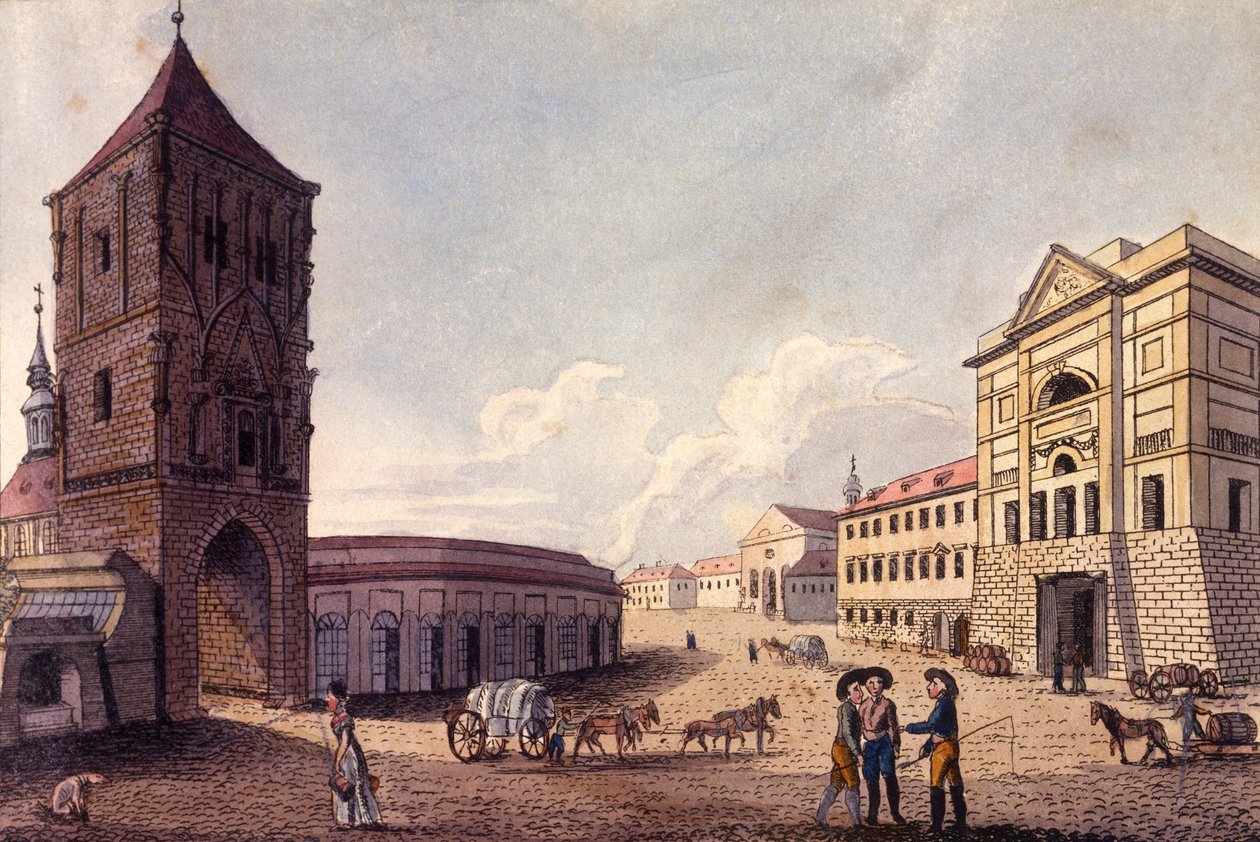 Powder Tower and Hybern Customs House, Praha, ca. 1810 (farget etsning) av A. and Berka, Johann Gustav