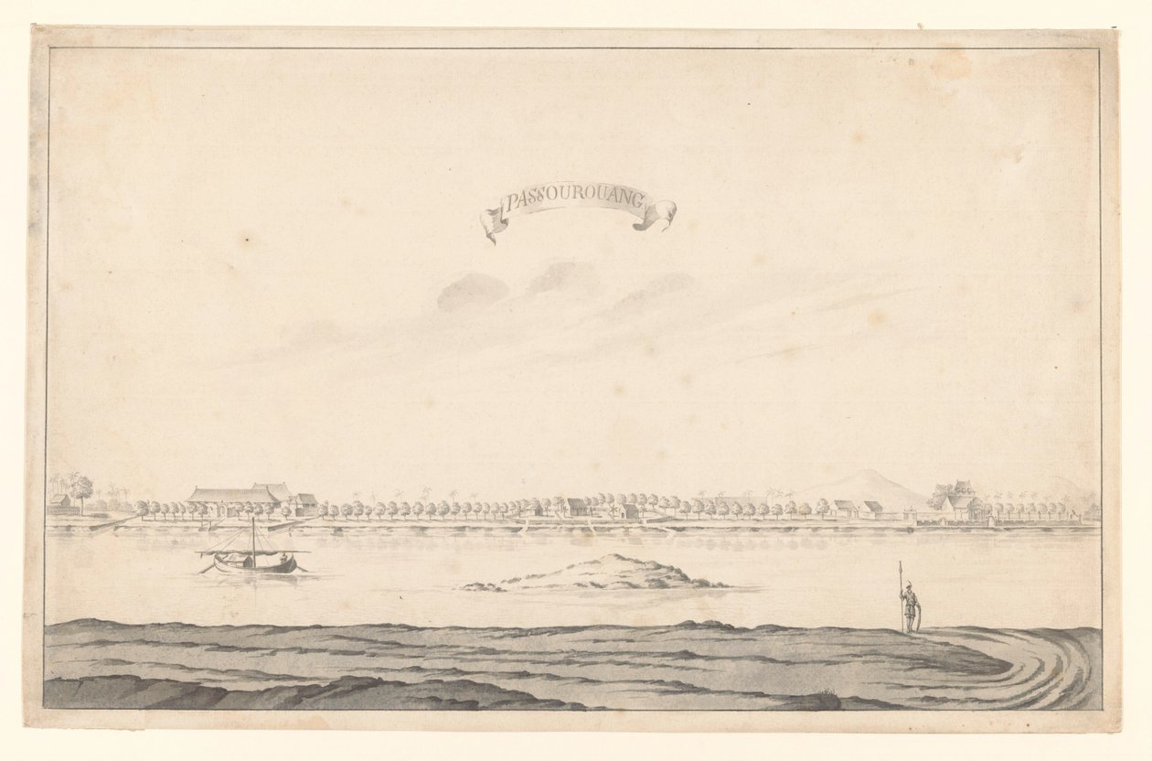 Utsikt over Passoeroean Passourouang (tittel på objekt) av A. de Nelly (possibly)