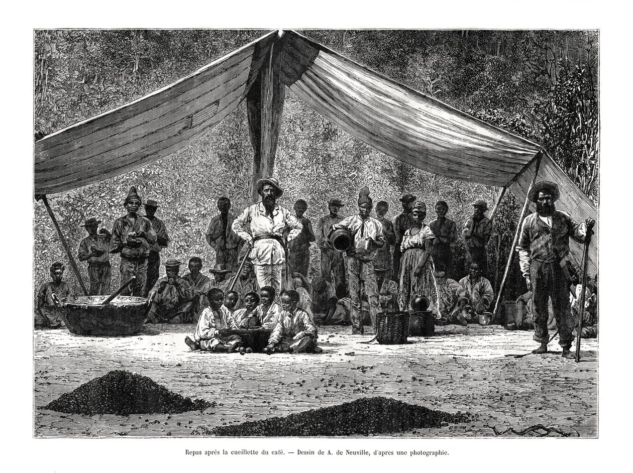 Et måltid etter samlingen av kaffe, Brasil, 1800-tallet av A. de Neuville