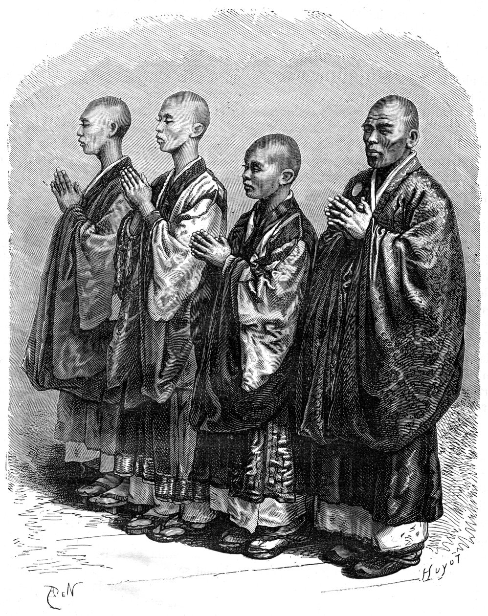 Buddhister i bønn, Japan, 1800-tallet. av A. de Neuville