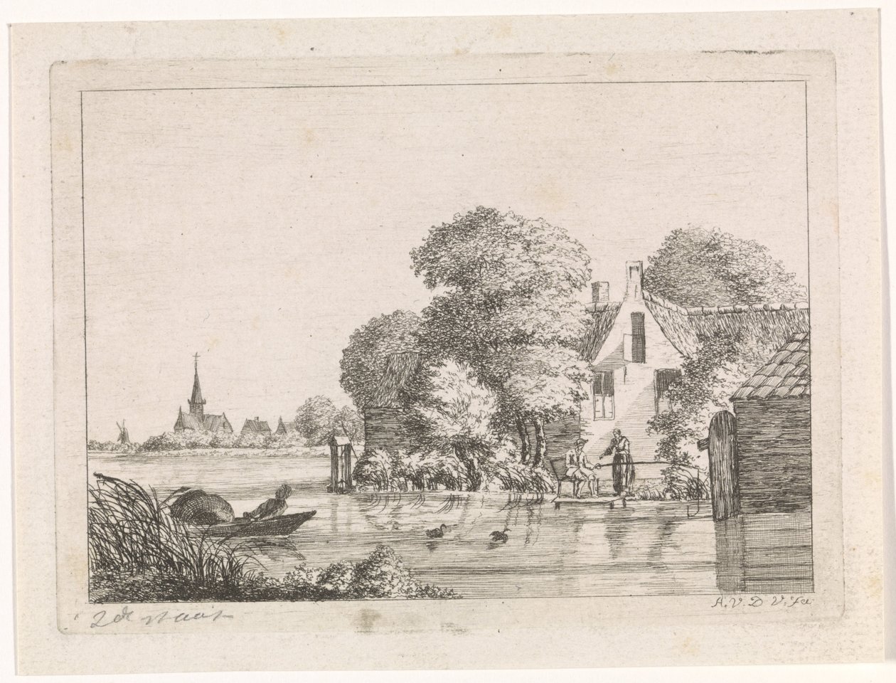 Angler og en kvinne foran et hus av A. van de Velde