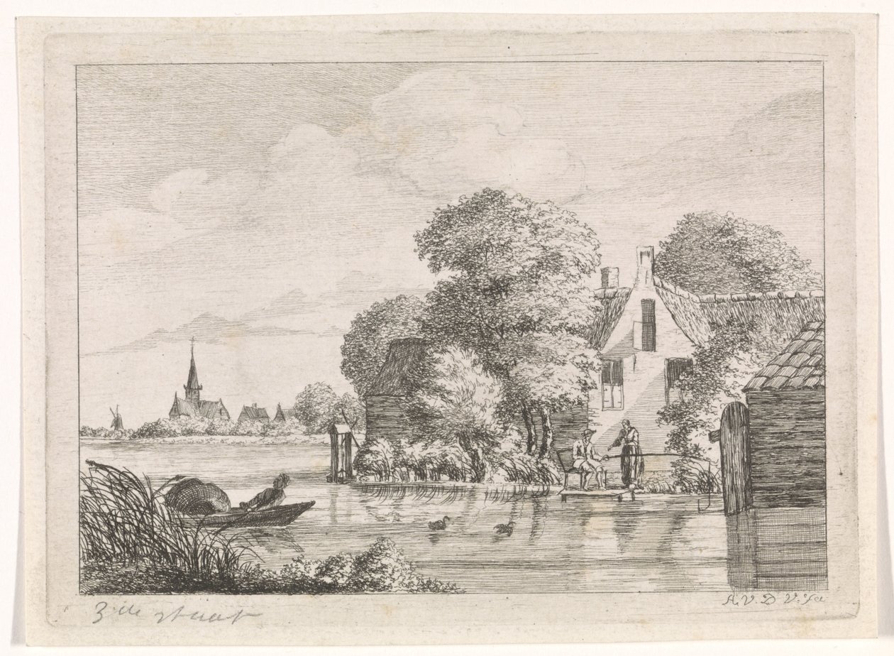 Angler og en kvinne foran et hus av A. van de Velde