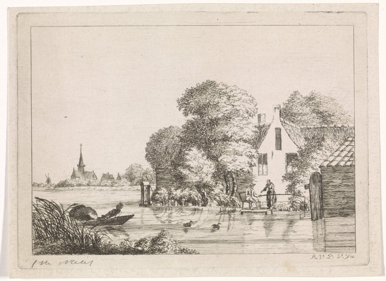 Angler og en kvinne foran et hus av A. van de Velde