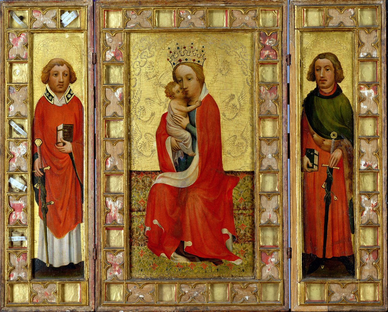 Madonna og barn med de hellige Cyricus og Pancratius, ca. 1380 (tempera og bladgull på panel) av Aachen Master
