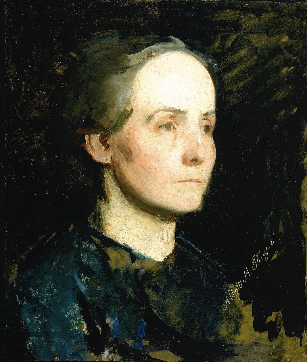 Portrait of a Woman Miss Gertrude Bloede, ca. 1881.    1187373   no       norwegian Successfully Translated  Original: En in de schijf van de zon scheen het gelaat van Christus ...et dans le disque même du soleil, rayonne la face de Jésus-Christ (title on  av Abbott Handerson Thayer