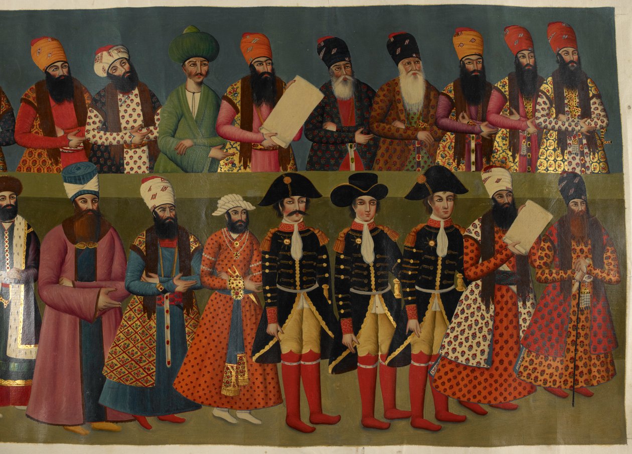Legg til eller. 1241 Court of Fath Ali Shah med britiske utsendinger Sir John Malcolm, Sir Harford Jones Brydges og Sir Gore Ouseley. Delvis bilde av veggmaleriet i Nigaristan Palace av Abdallah (after) Khan
