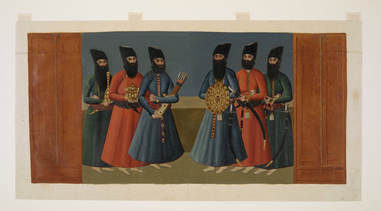 Legg til eller. 1242 "Ghulamene" som bærer sjahens skjold, kogger og andre kongelige utstyr, detalj fra "Redusert kopi av veggmaleriet i Nigaristan Palace" av Abdallah (after) Khan