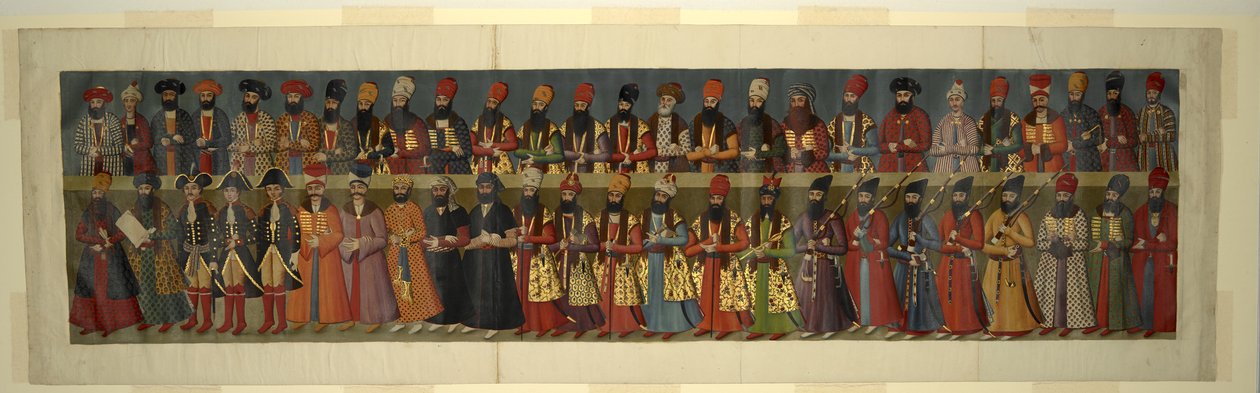 Eller. 1242 Kopi av det store veggmaleriet i Nigaristan-palasset. Court of Fath Ali Shah med britiske utsendinger Sir John Malcolm, Sir Harford Jones Brydges og Sir Gore Ouseley av Abdallah (after) Khan