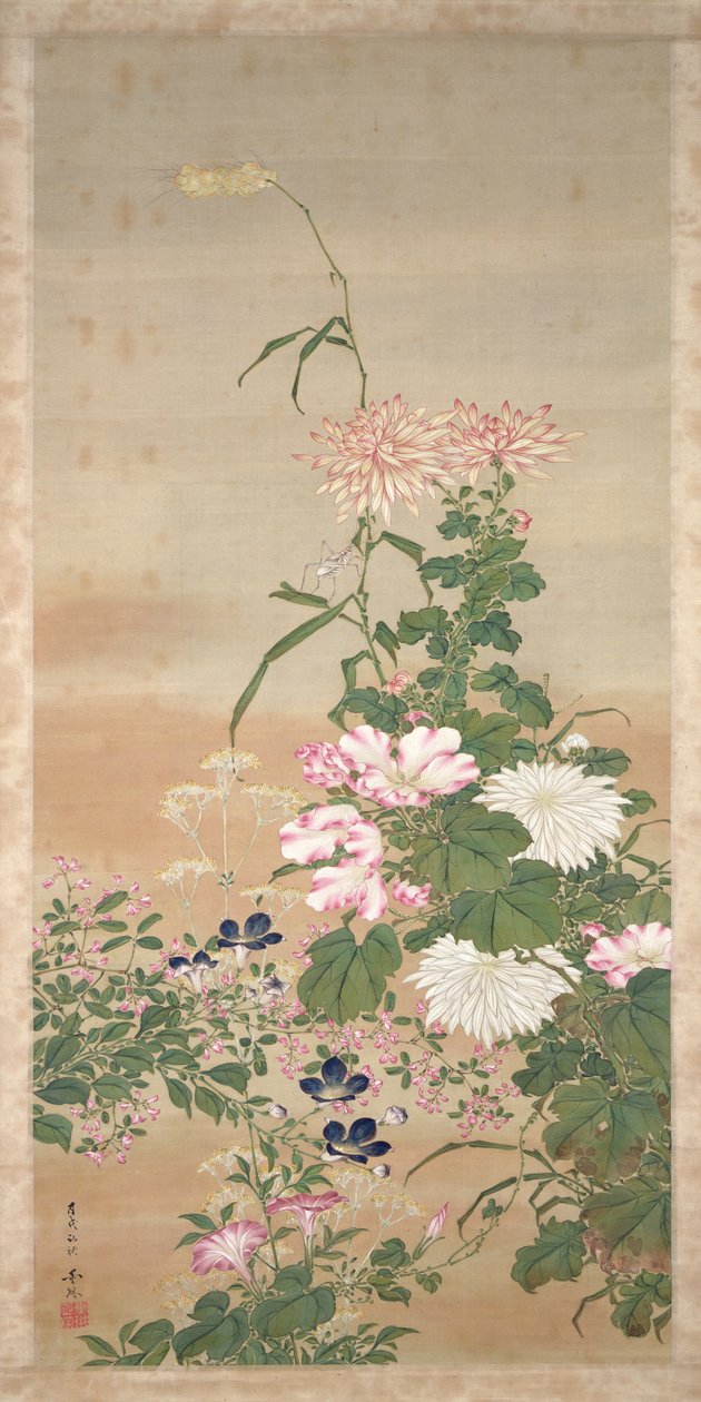Blomster om høsten, 1826 (blekk, farger og gull på silke) av Abe Kan Torin