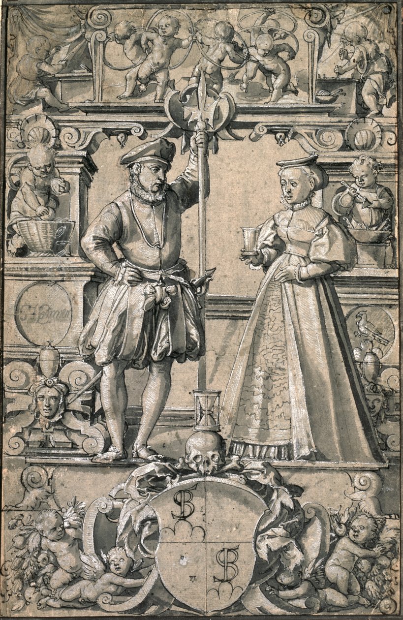 Design for et glassmaleri (penn og grå vask på papir) av Abel Stimmer
