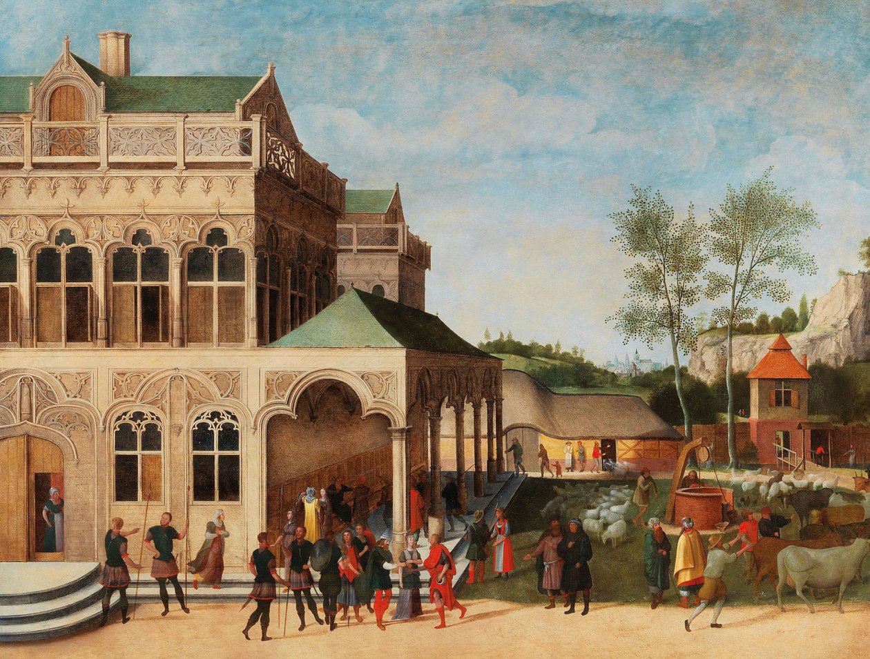 En elegant loggia med Isaacs forslag til Rebecca, 1616. av Abel Grimmer