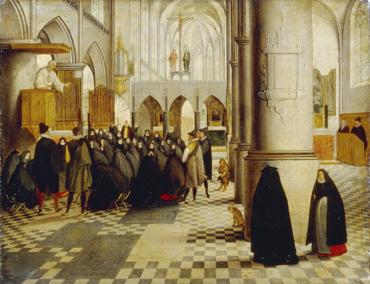 Kirketjeneste. Maleri av Abel Grimmer (1570-1619), olje på tre av Abel Grimmer or Grimer