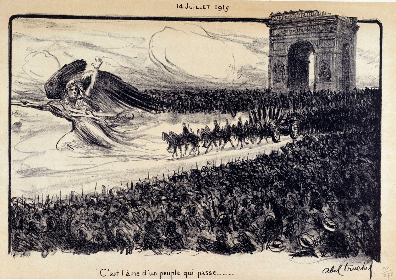 Første verdenskrig: "" Det er sjelen til et forbipasserende folk"" Feiring av 14.07.1915. Allegorien om Republique som veileder folket før Triumfbuen i Paris. Tegning av Abel Truchet (1857-1918) av Abel Truchet