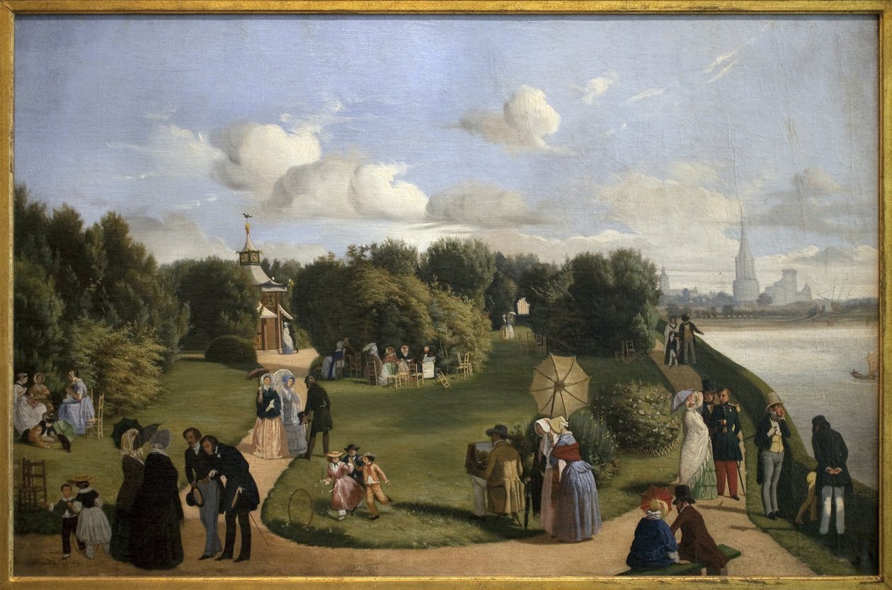 Utsikt over Rochelle (hagen til badet Marie Therese). Karakterer av borgerskapet i en park: par som prater på en benk, menn som hilser på damer, barn som leker med en bøyle... Maleri av Alexandre Abel de Pujol (1785-1861), Olje på lerret av Abel de Pujol