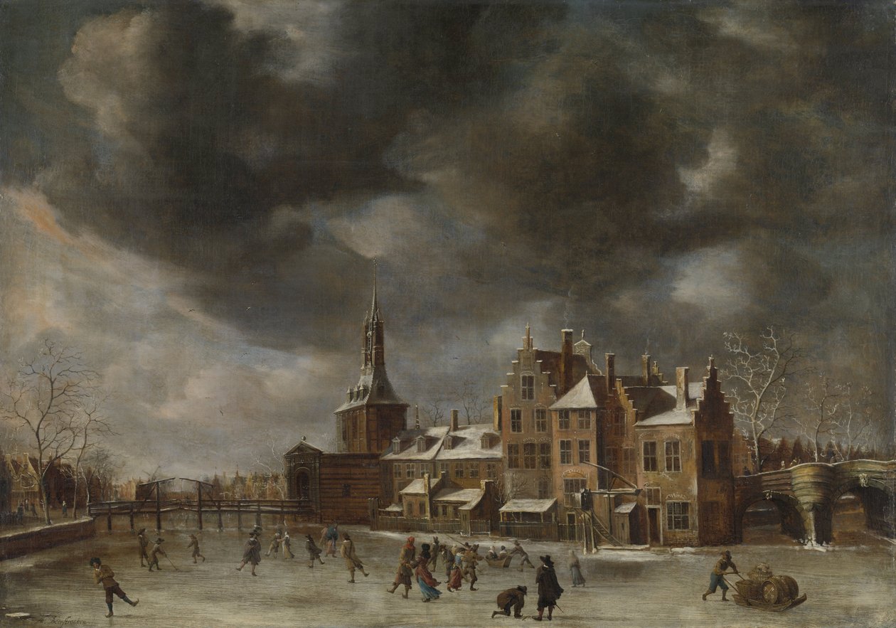 Blauwpoort i Leiden om vinteren av Jan Abrahamsz. Beerstraten