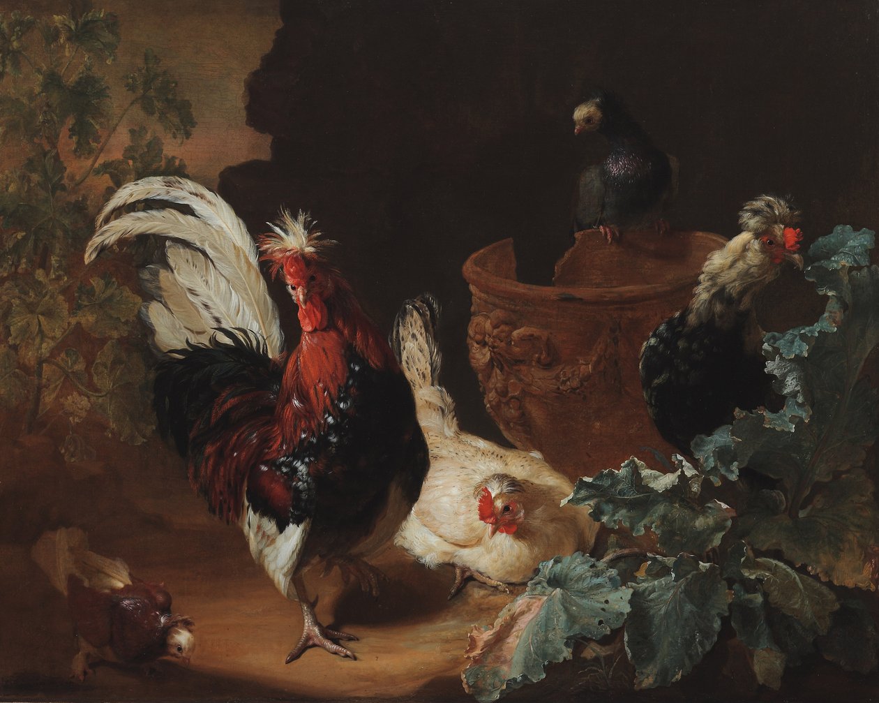 En hane, to høner og to duer ved en antikk terrakottavase i et landskap, 1695 av Abraham Bisschop