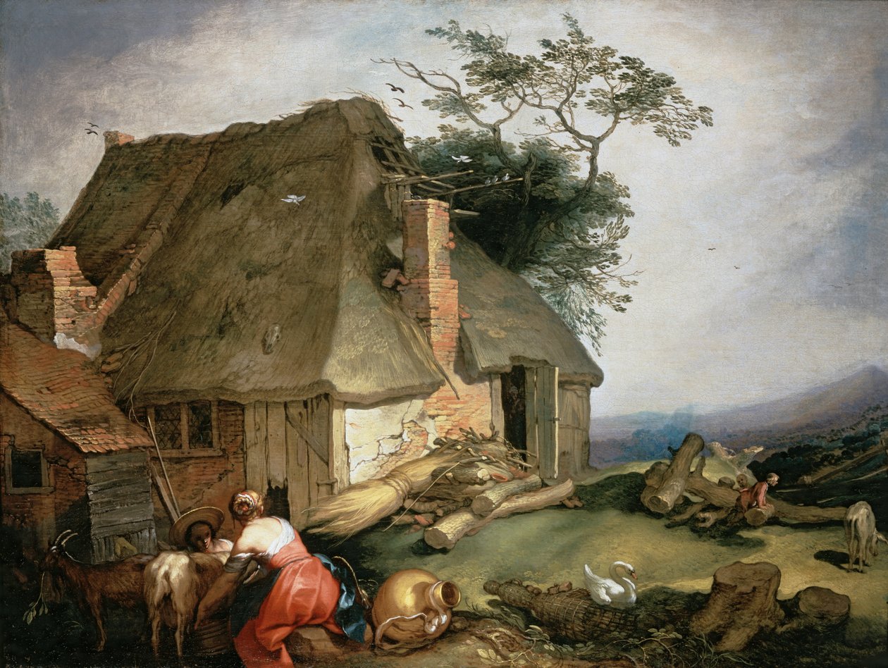 En hytte med bønder som melker geiter av Abraham Bloemaert