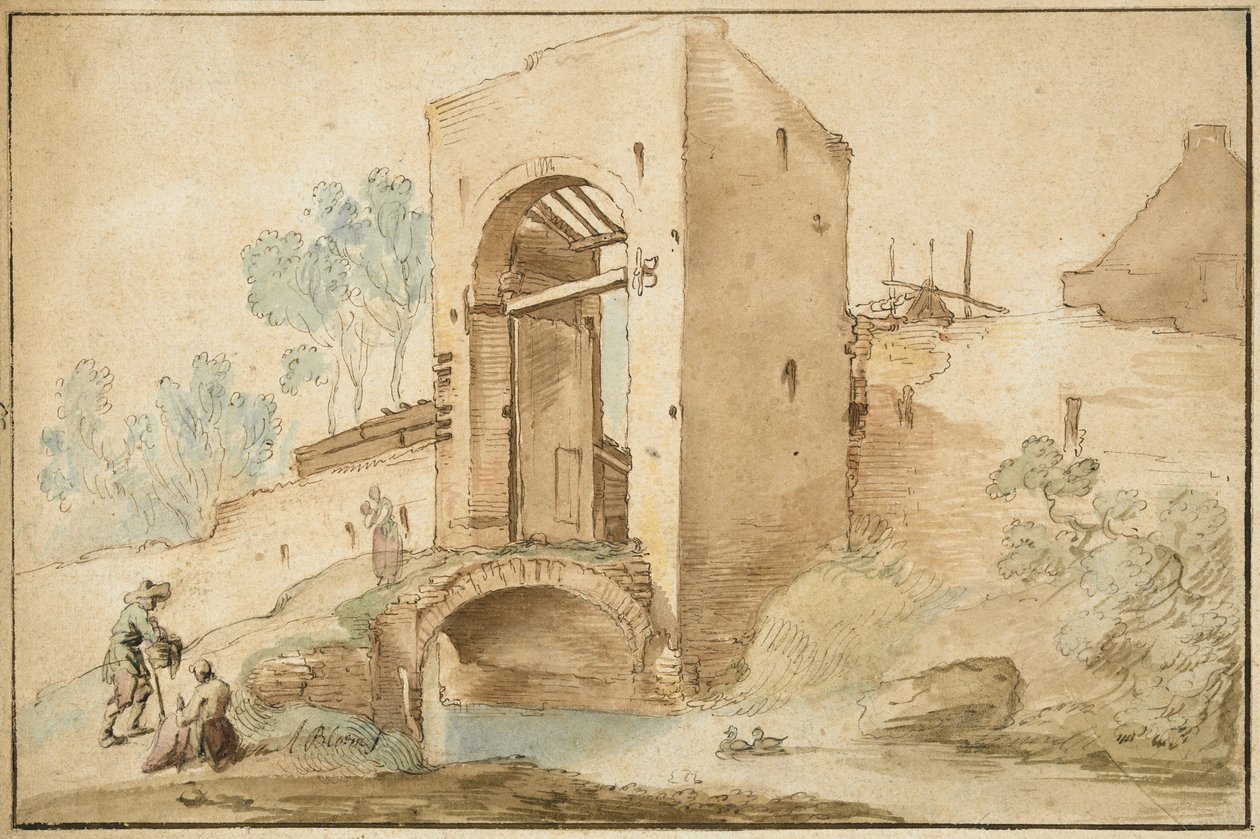 Porten til en by, ca. 1630 (penn og brunt blekk forsterket med wc på lagt papir) av Abraham Bloemaert