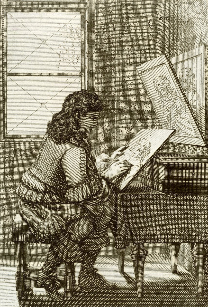 En kunstner som kopierer på en graveringsplate, trykt 1737 av Abraham Bosse