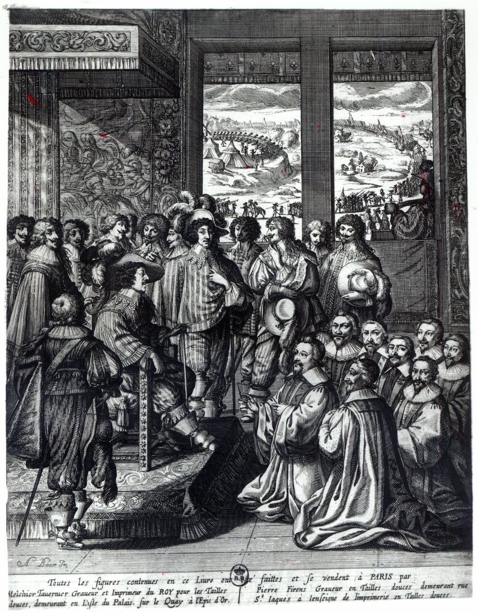 Louis XIII (1601-43) tilbake fra beleiringen av La Rochelle, gratulert av Prevot des Marchands av Abraham Bosse