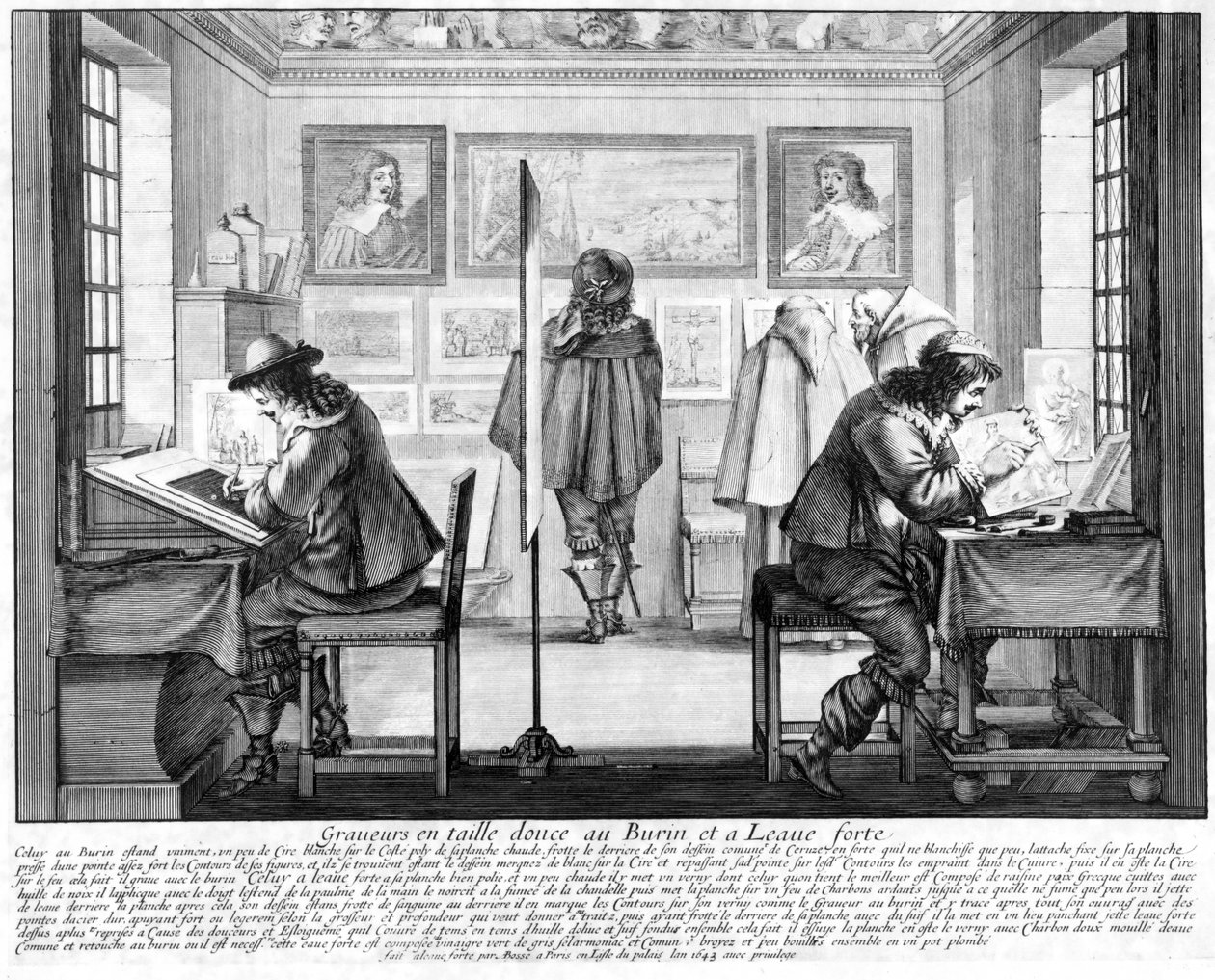 Plategravører arbeider med galleri bak, 1643 av Abraham Bosse