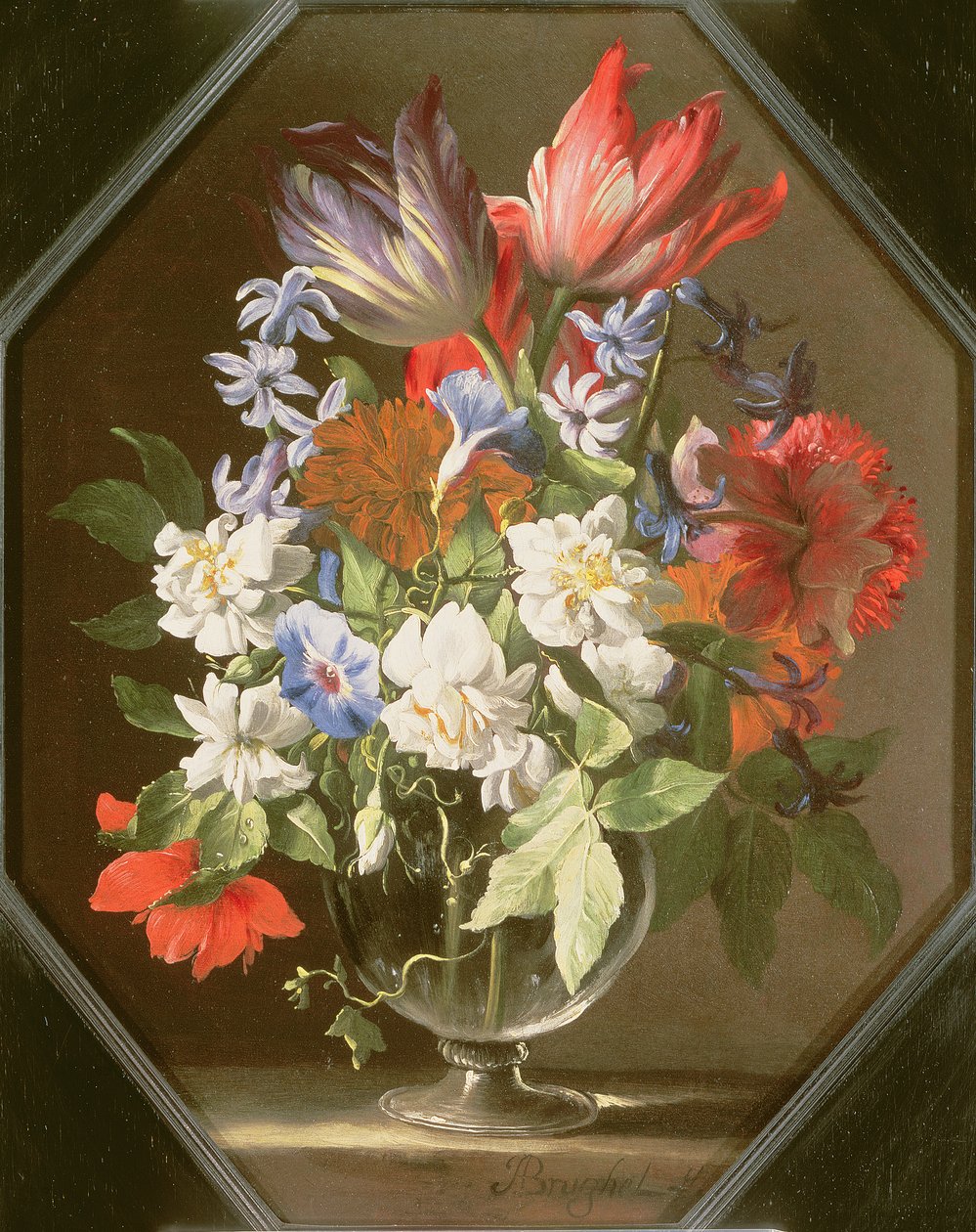 En vase med blomster på en steinhylle som inneholder tulipaner, krysantemum, georginer og narcissi, 1600-tallet av Abraham Brueghel