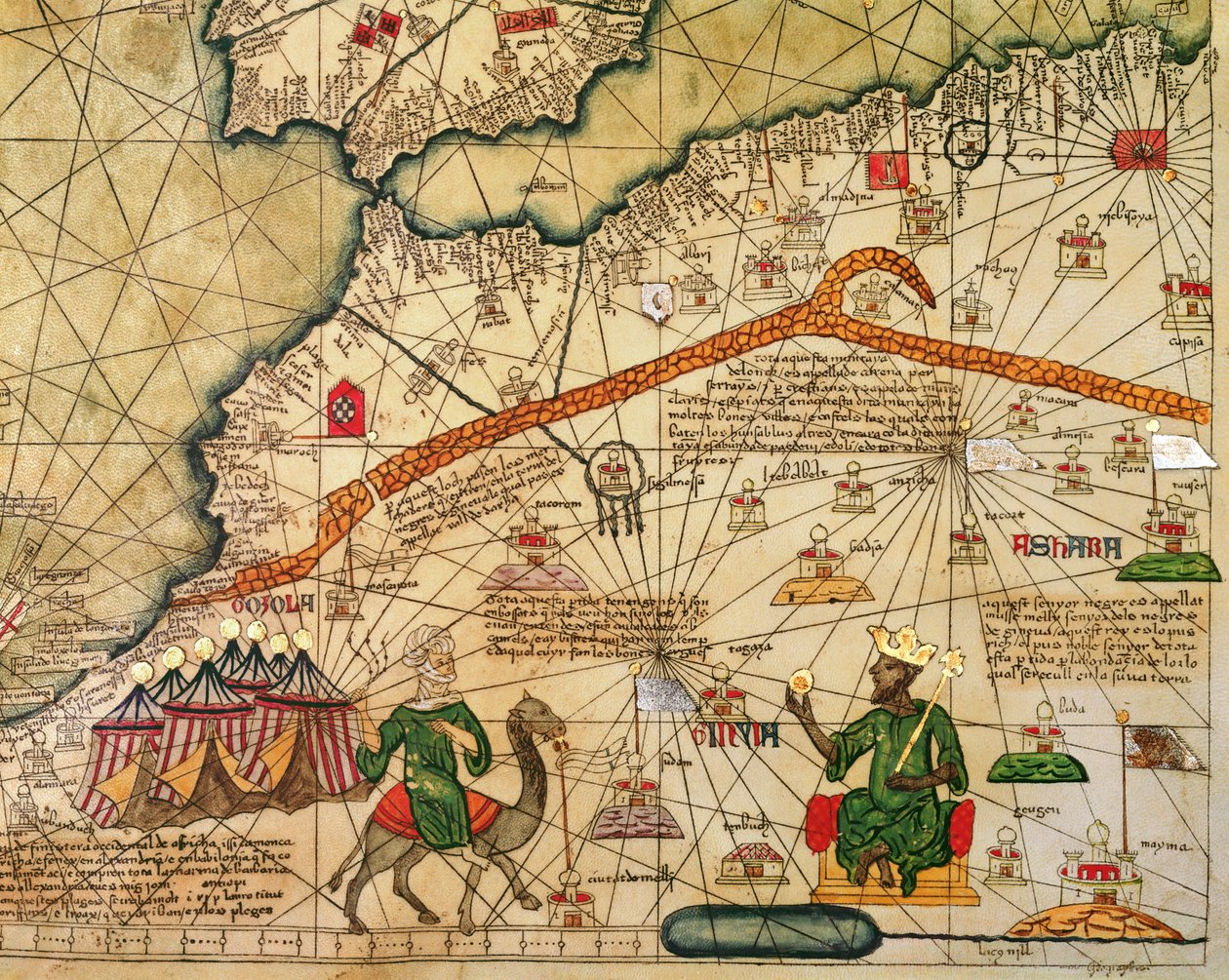 Detalj av kopi av et katalansk kart over Europa og Nord-Afrika, presentert for Charles V av Frankrike i 1381 av Abraham Cresques