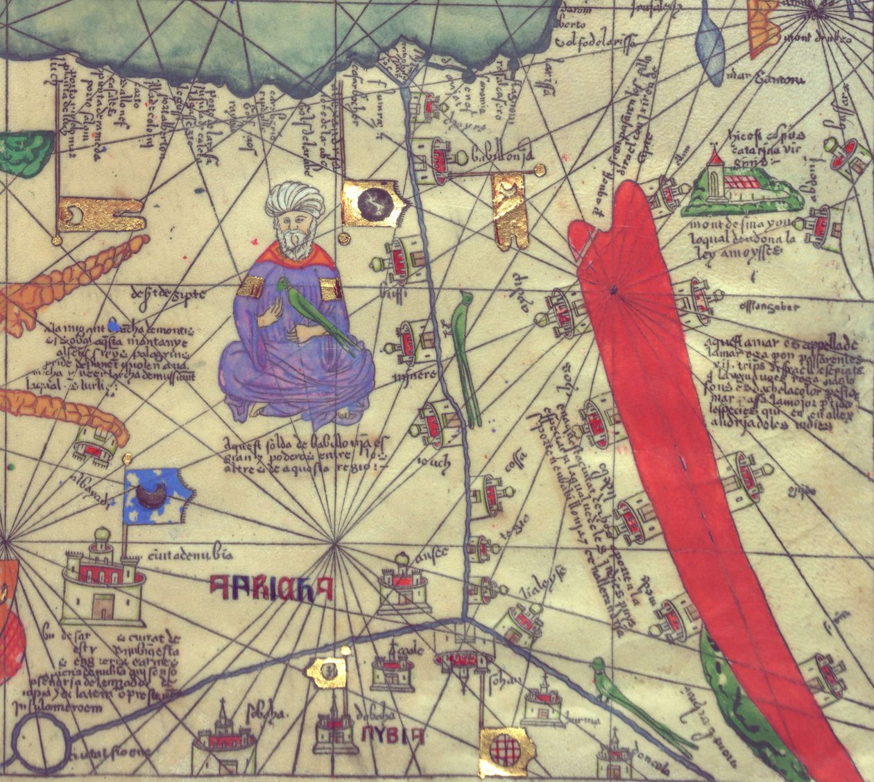Kart over nordøstlige Afrika og sørvestlige Levant, utsikt fra sør. Katalansk Atlas. av Abraham Cresques