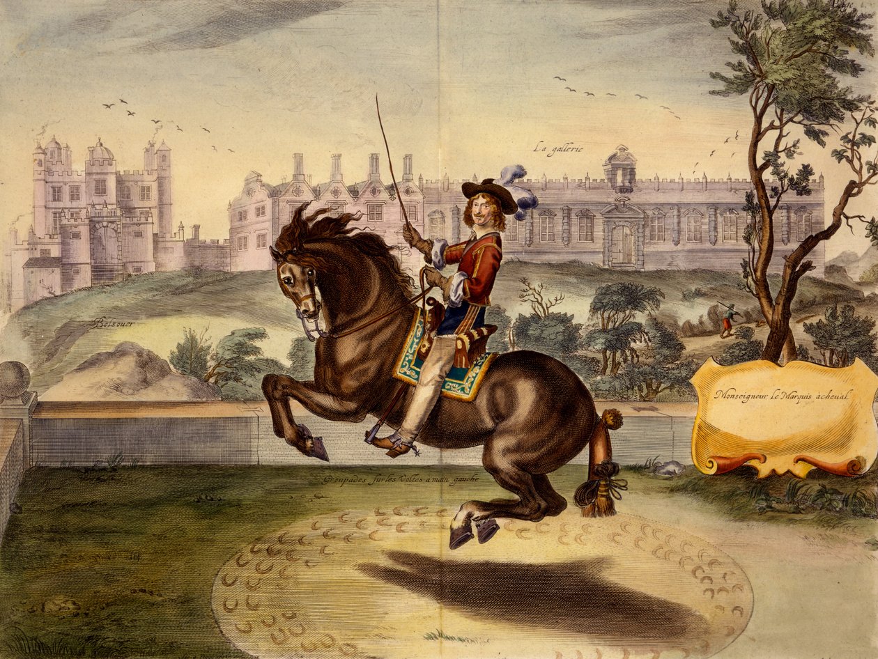 Cavendish fremfører volte, med Bolsover Castle og dens Manege-blokk i bakgrunnen, fra The Method and New Invention of Dressing Horses av William Cavendish, utgitt 1737 (2nd edn) (akvatint) av Abraham van Diepenbeeck